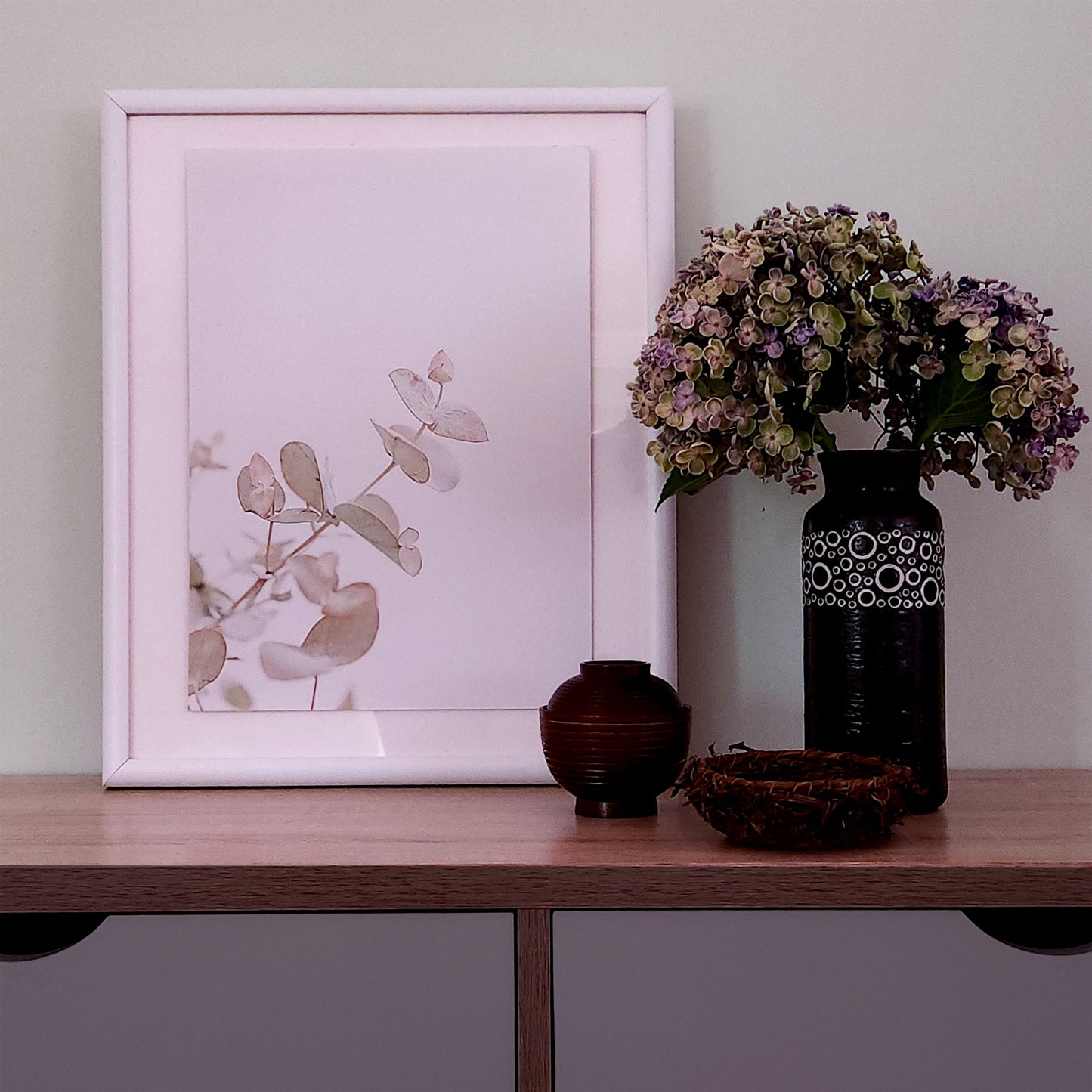 Framed photograph of gum leaves