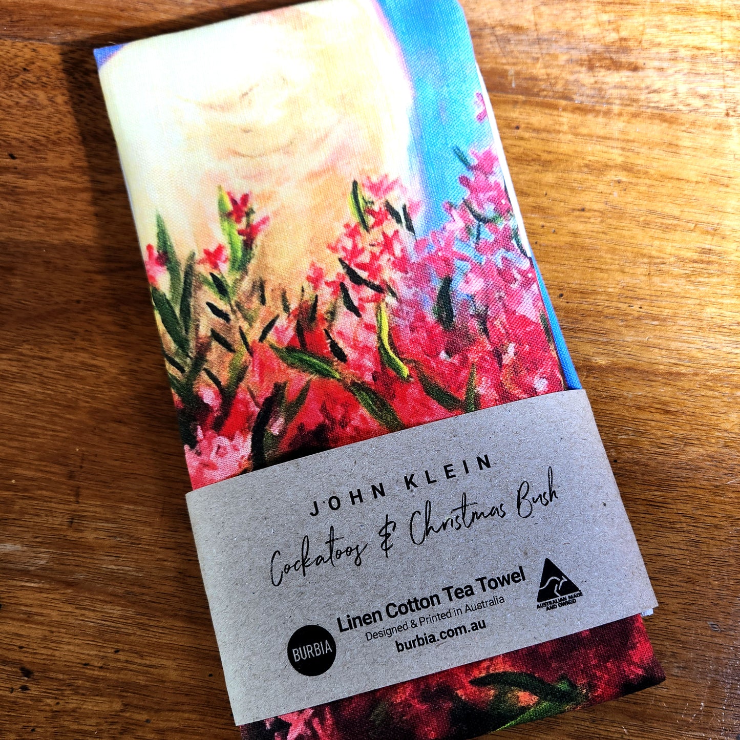 Cockatoo and Christmas Bush artist tea towel