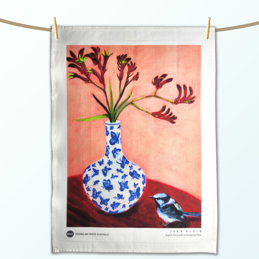Superb Fairy-wren and Kangaroo Paw artist tea towel