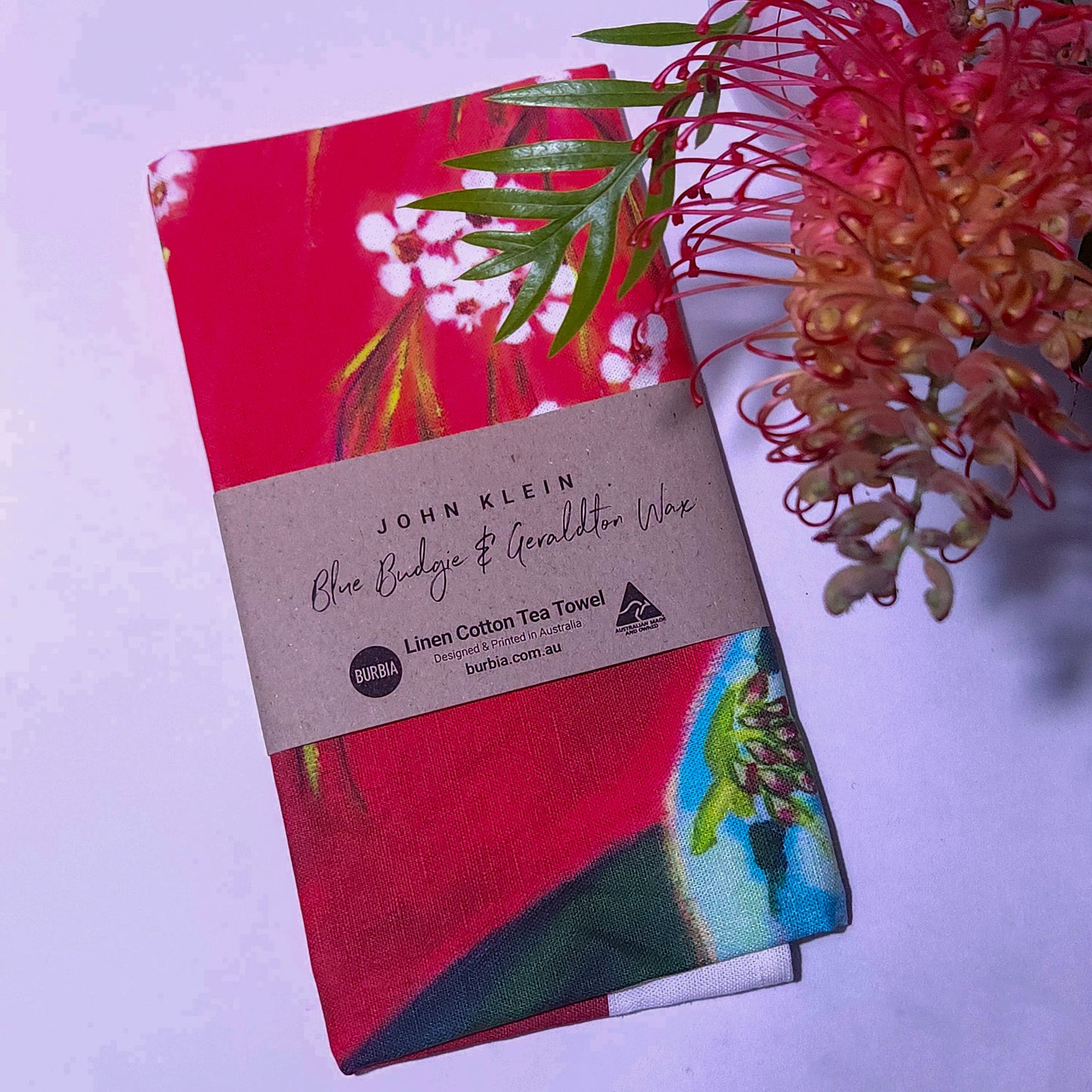 Blue Budgie and Geraldton Wax artist tea towel