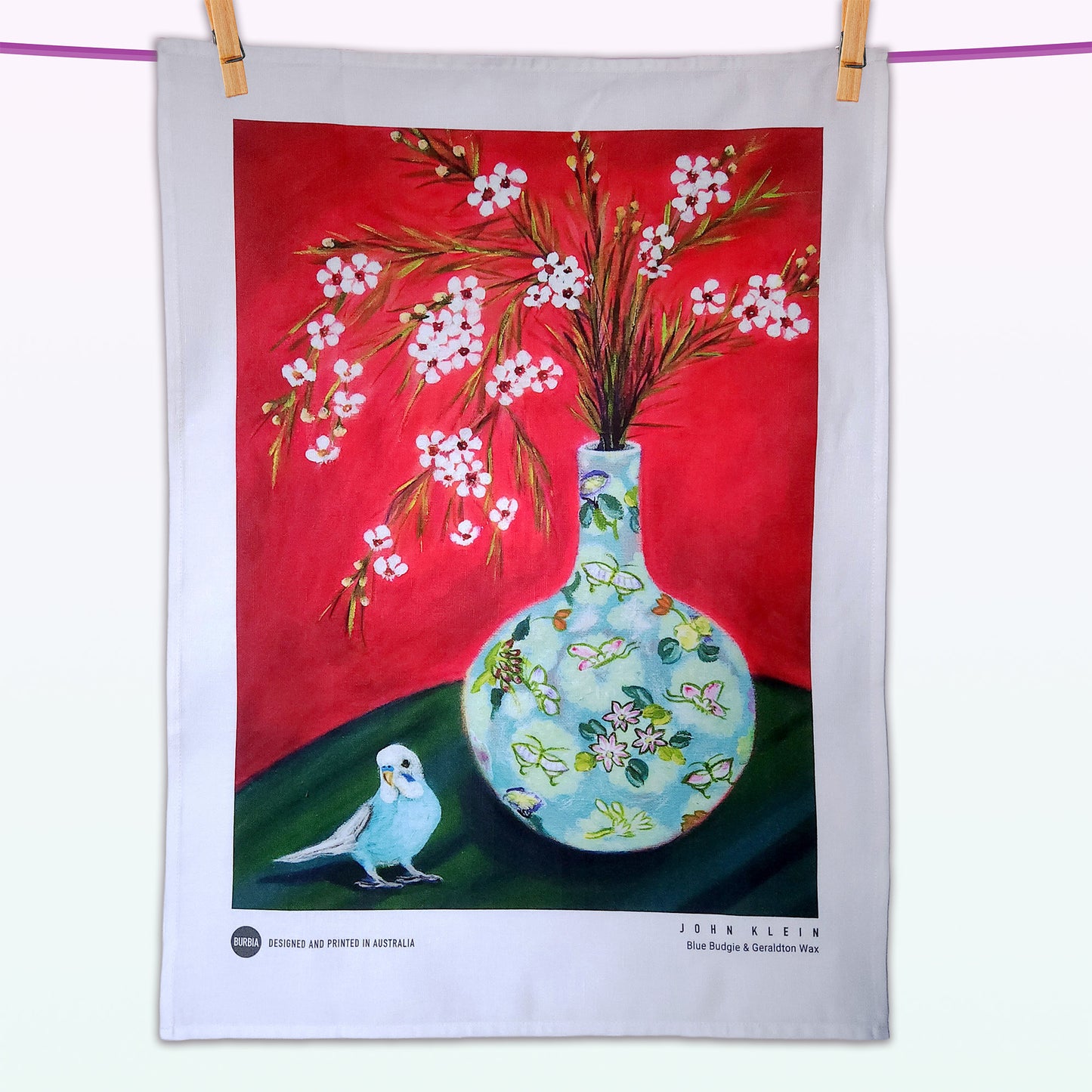Blue Budgie and Geraldton Wax artist tea towel