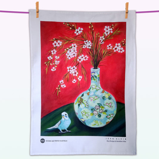 Blue Budgie and Geraldton Wax artist tea towel