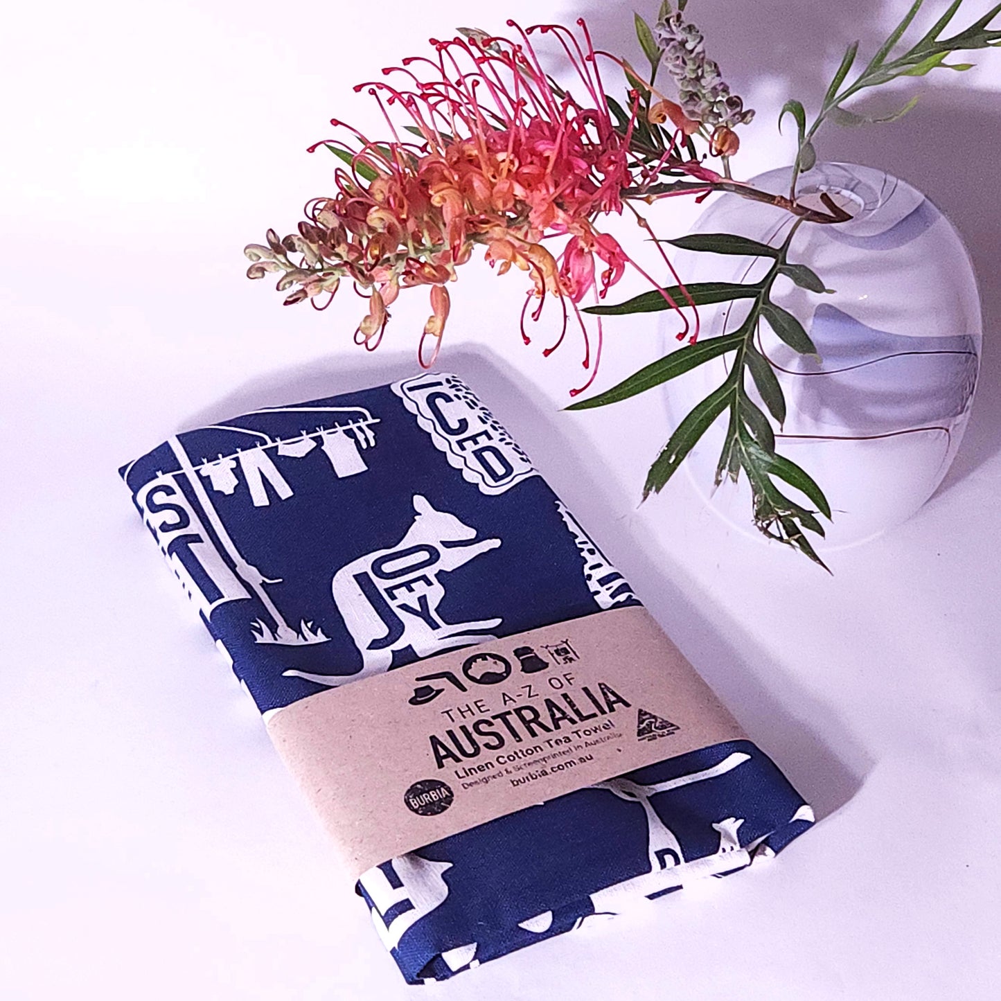 A-Z of Australia tea towel in navy