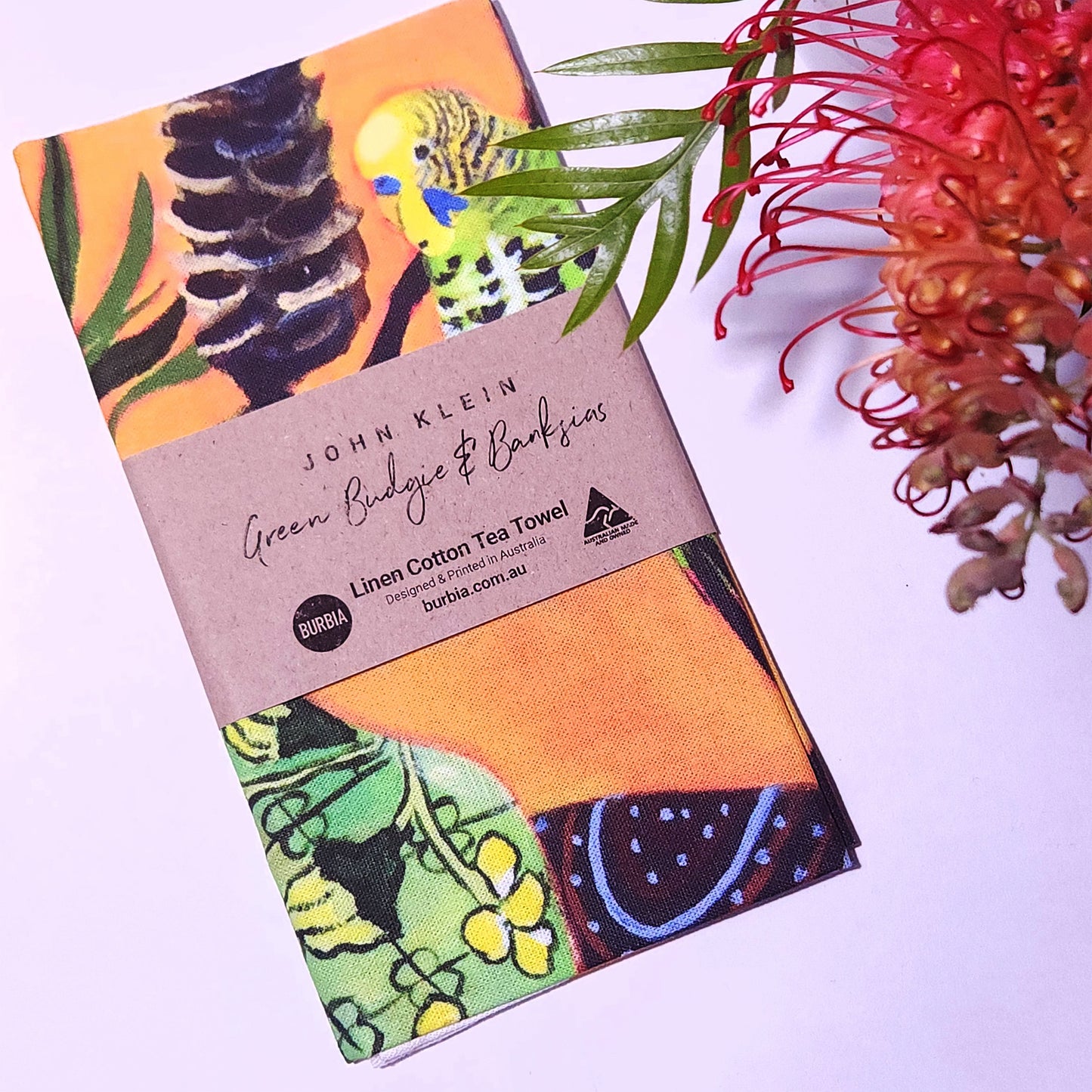 Green Budgie and Banksias artist tea towel