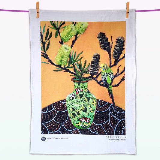 Green Budgie and Banksias artist tea towel