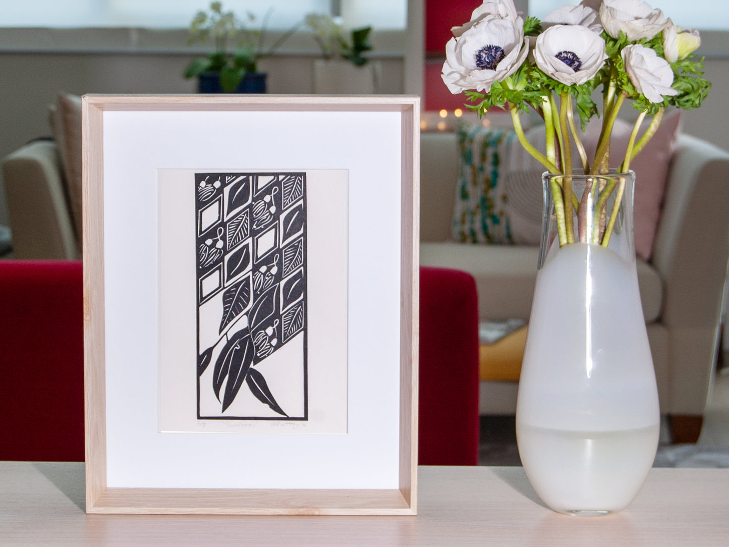 Gum Leaves original linocut in black and white