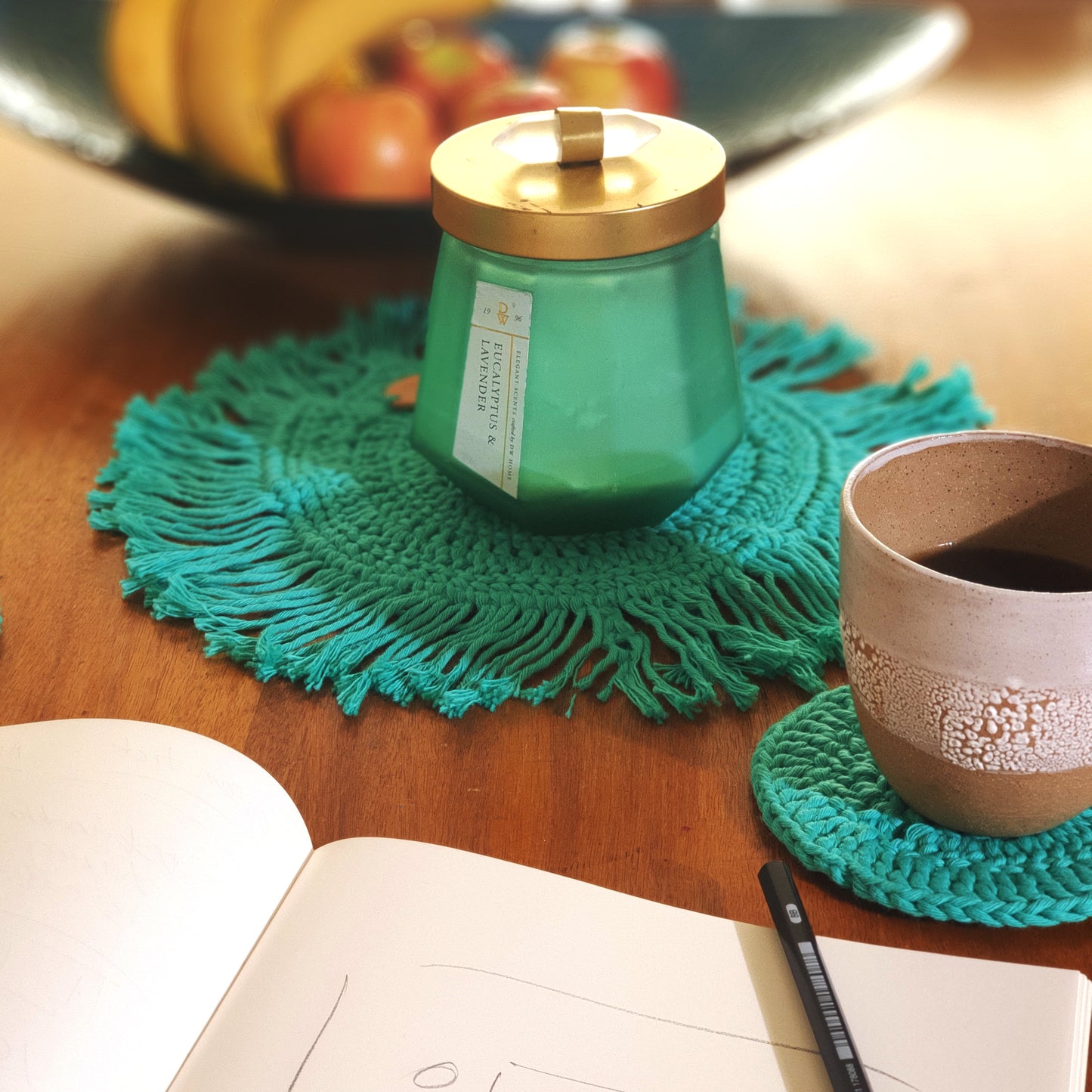 Colourful table set in crocheted cotton