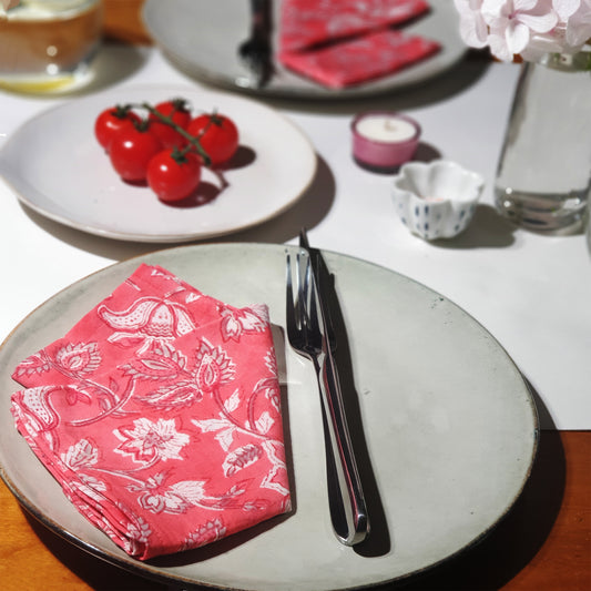 Floral organic cotton serviettes in watermelon pink