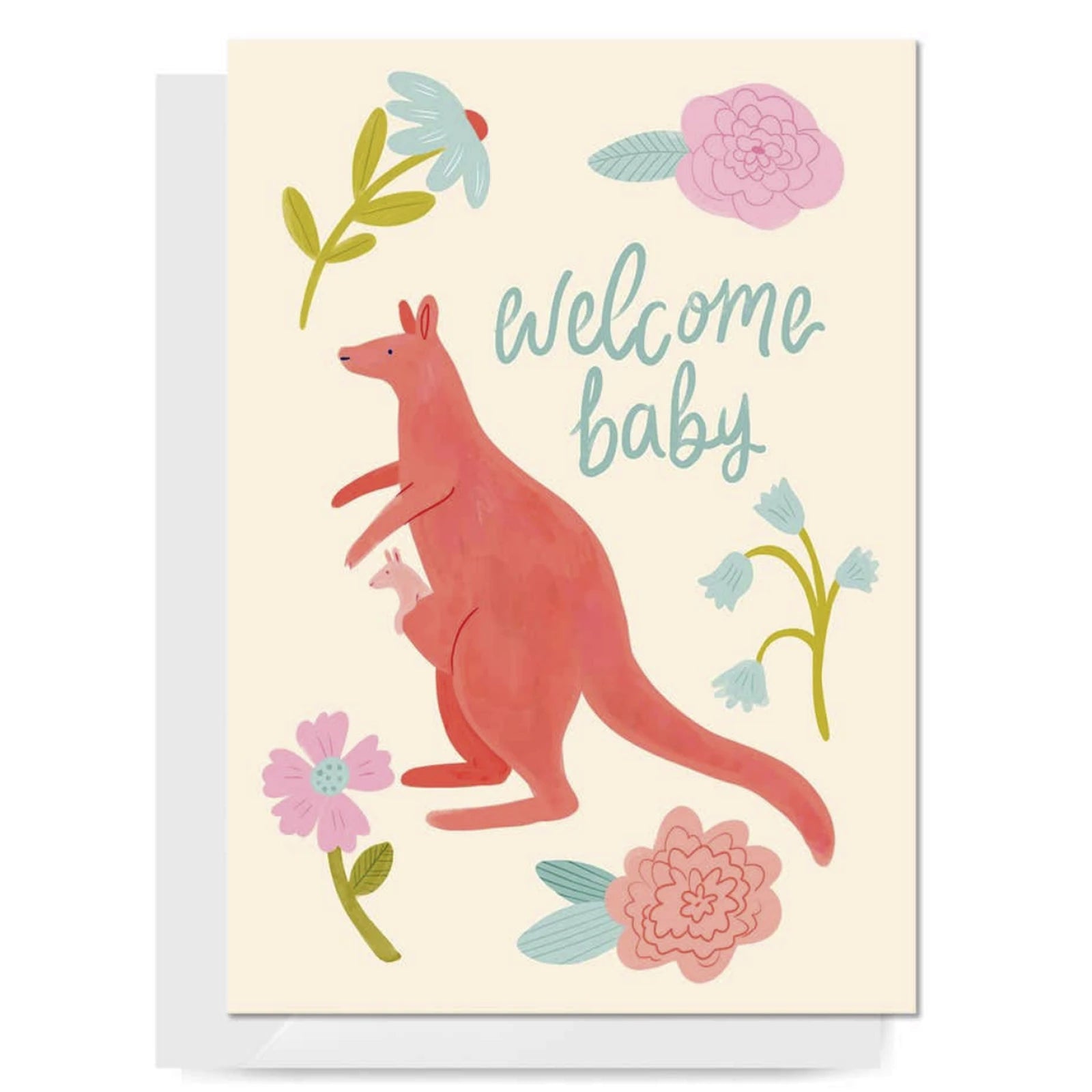 New baby card illustrated with a kangaroo and joey