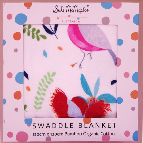 Organic swaddle blanket with birds and flowers
