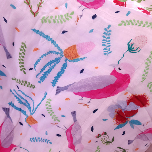 Organic swaddle blanket with birds and flowers