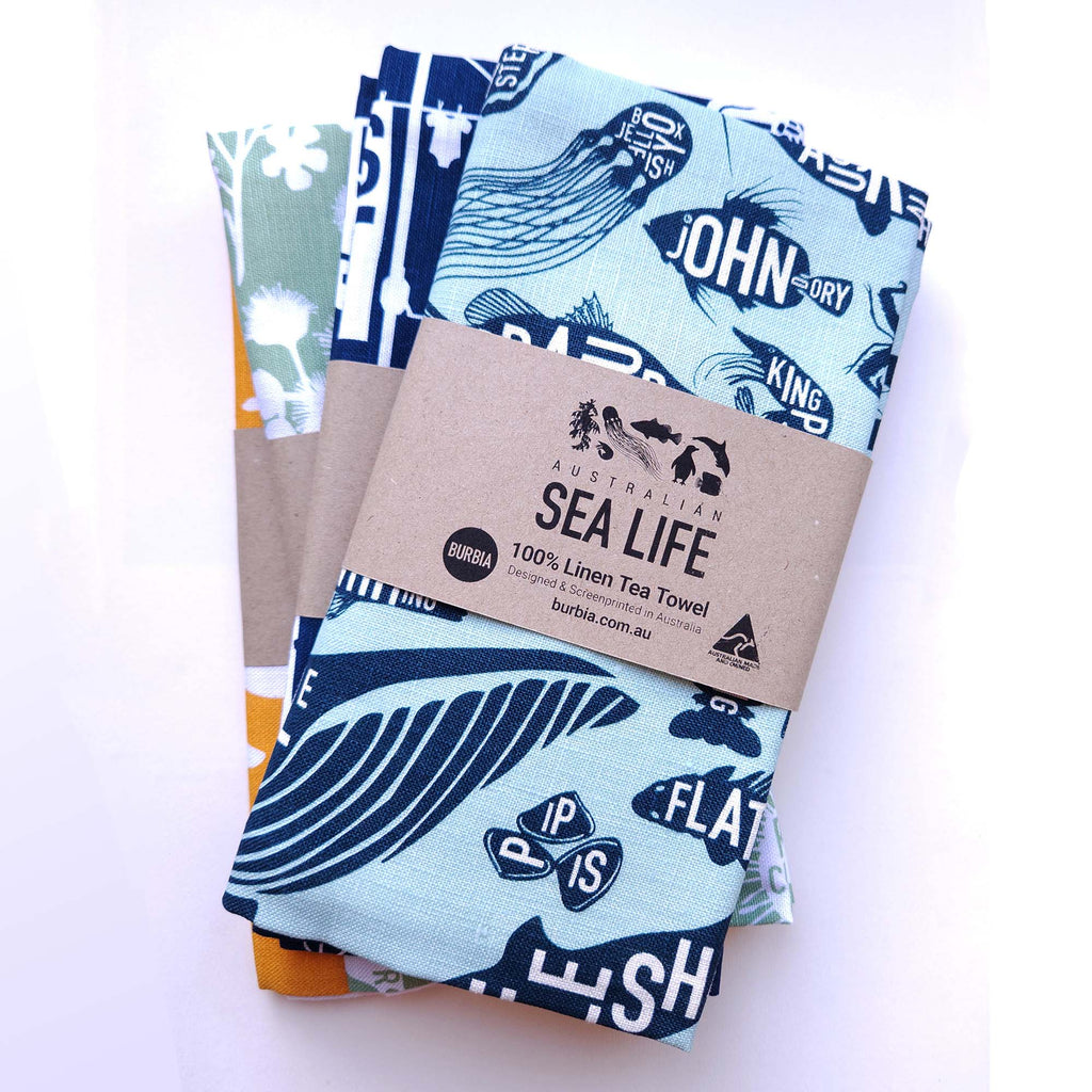 Australian Sea Life linen tea towel