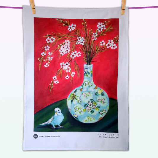 Blue Budgie and Geraldton Wax artist tea towel