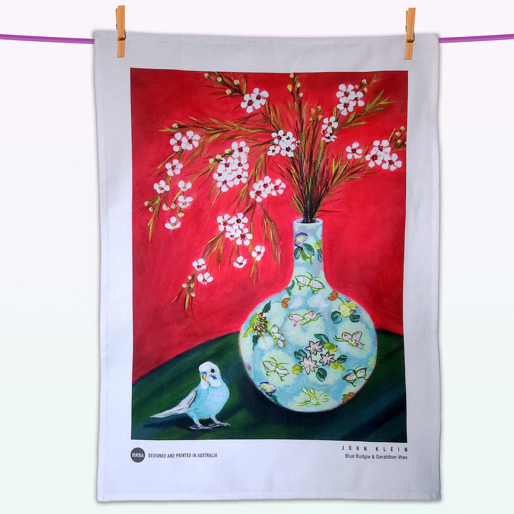 Blue Budgie and Geraldton Wax artist tea towel