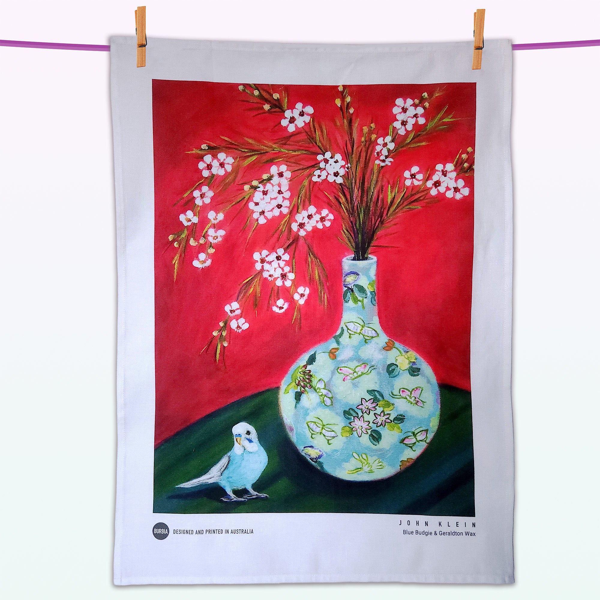 Blue Budgie and Geraldton Wax artist tea towel