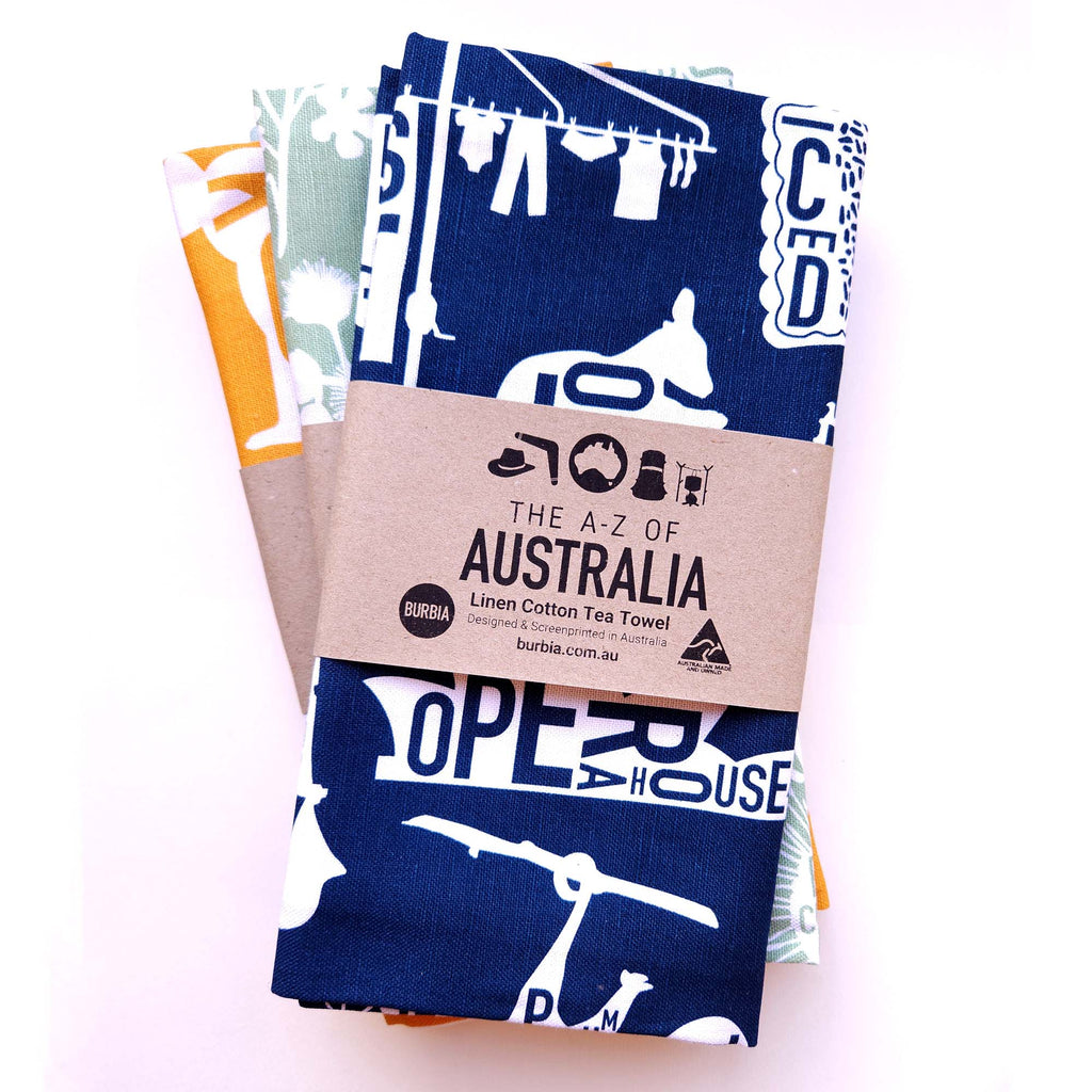 A-Z of Australia tea towel in navy