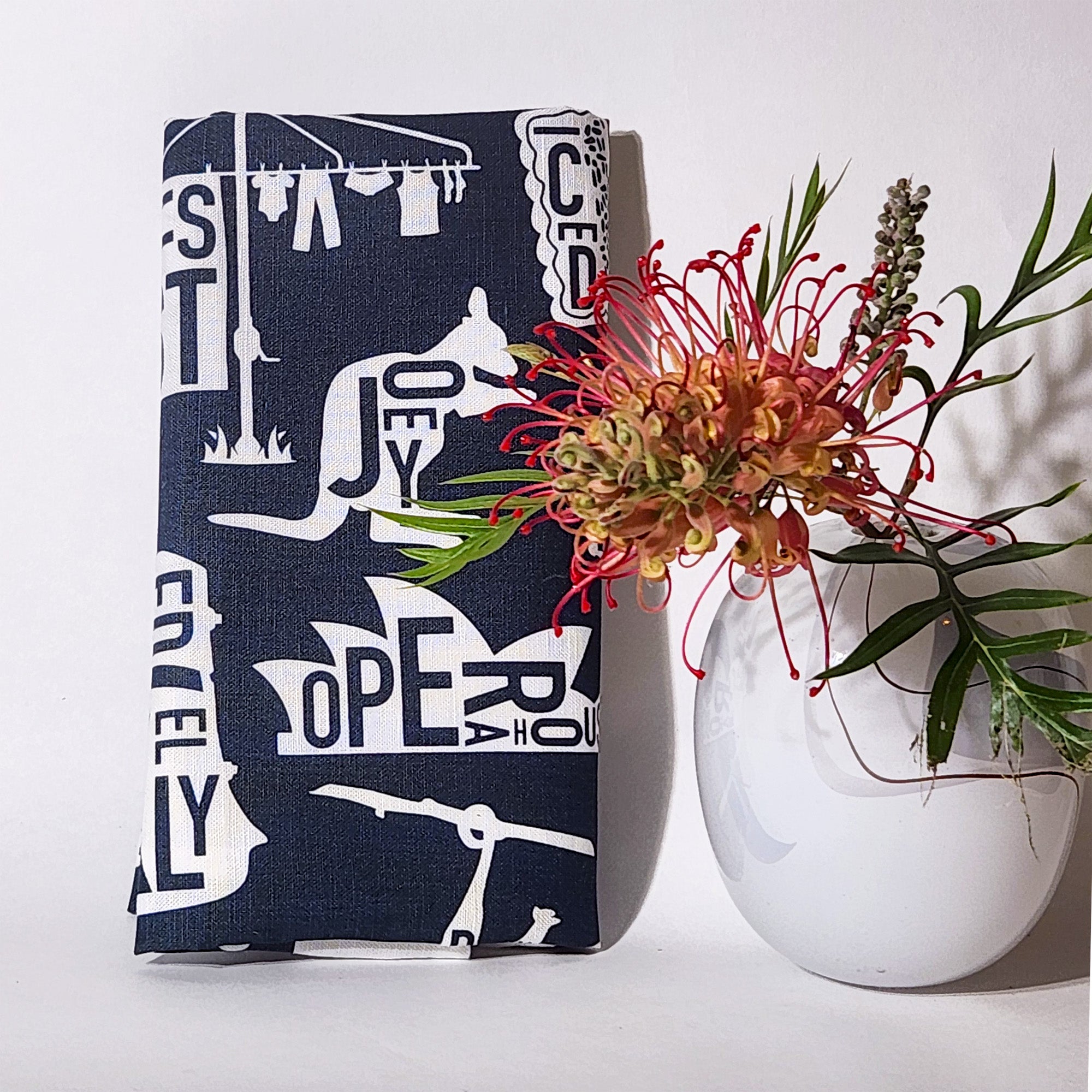 A-Z of Australia tea towel in navy