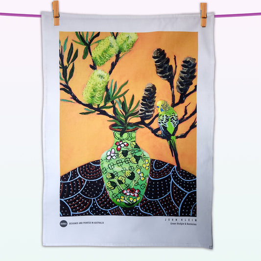Green Budgie and Banksias artist tea towel