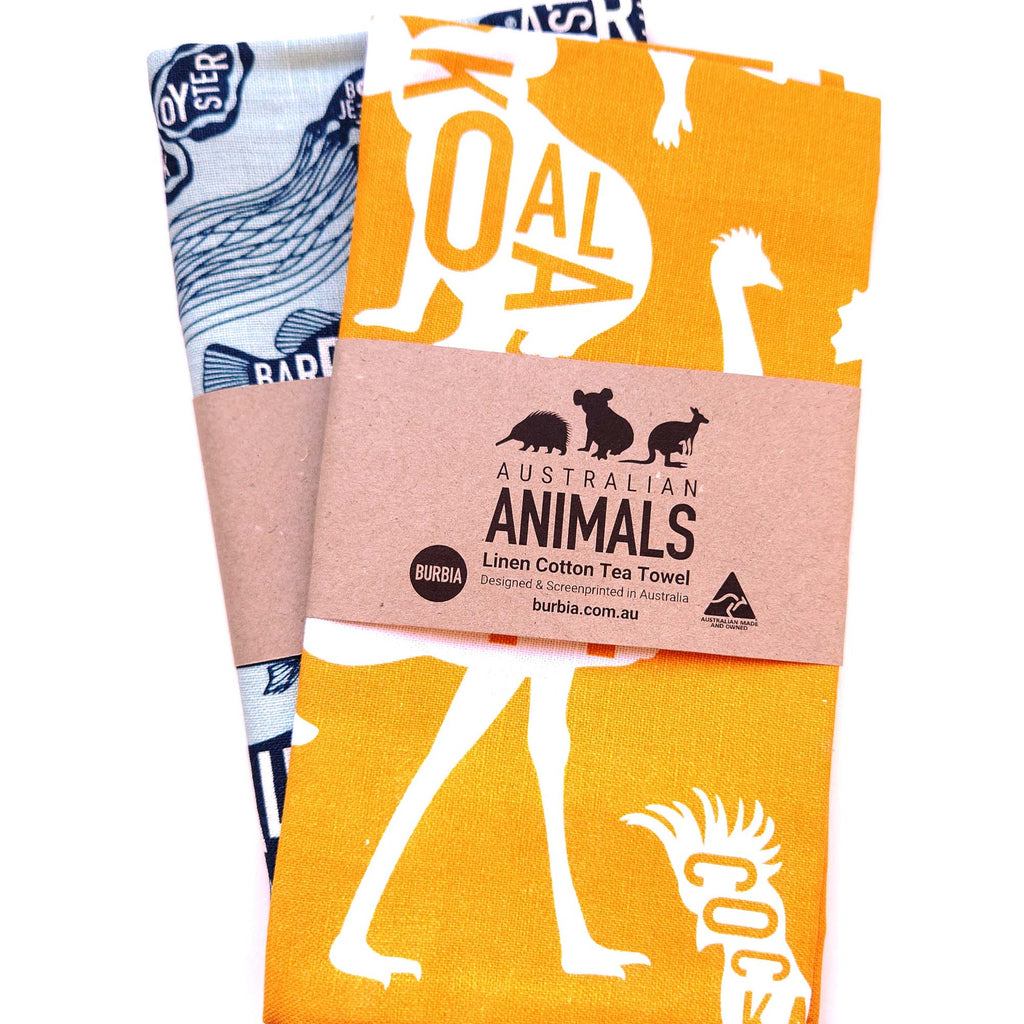 Australian Animals (gold) tea towel