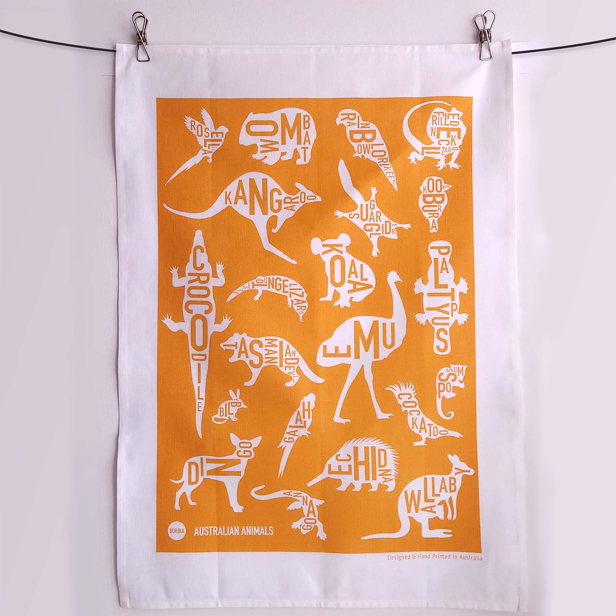 Australian Animals (gold) tea towel
