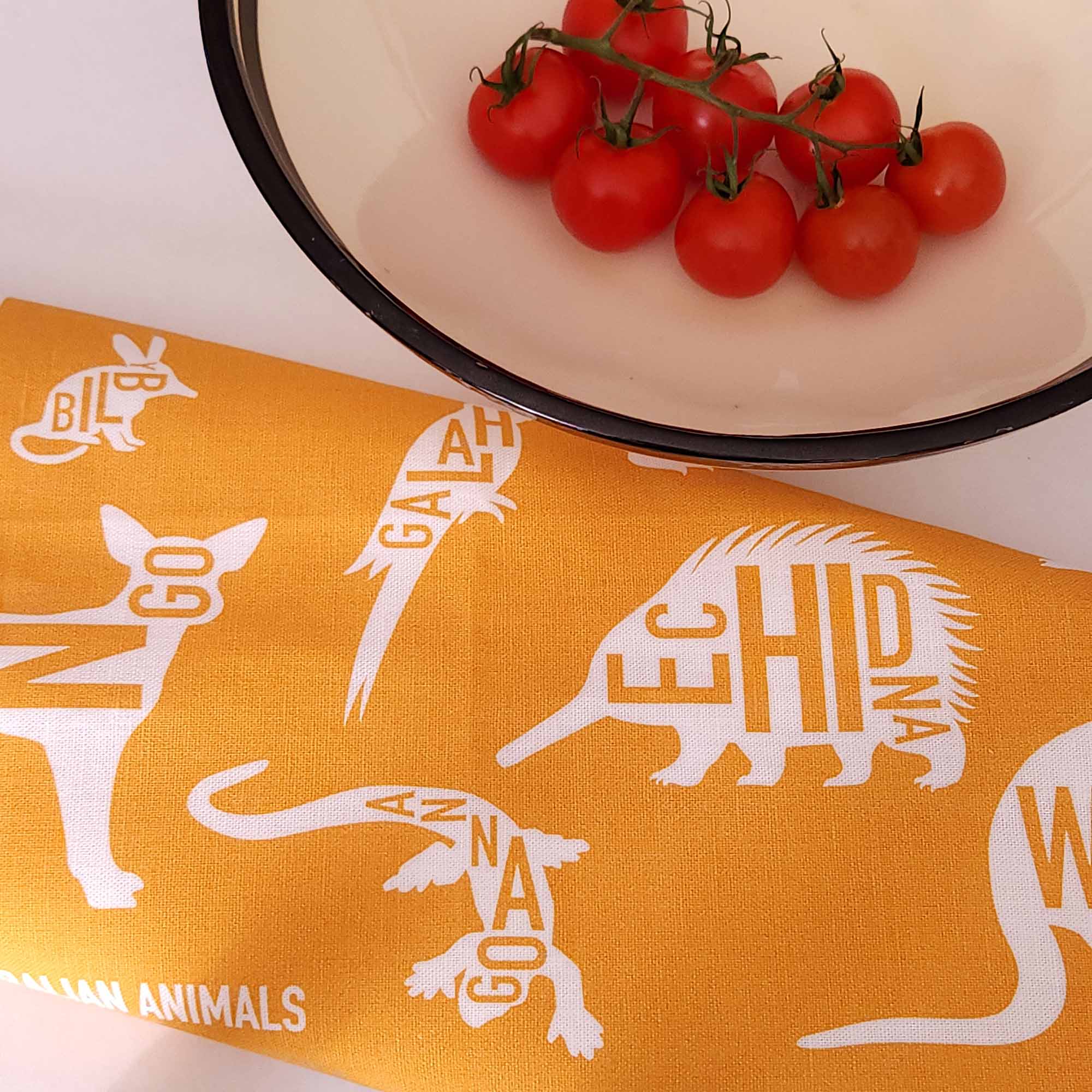 Australian Animals (gold) tea towel
