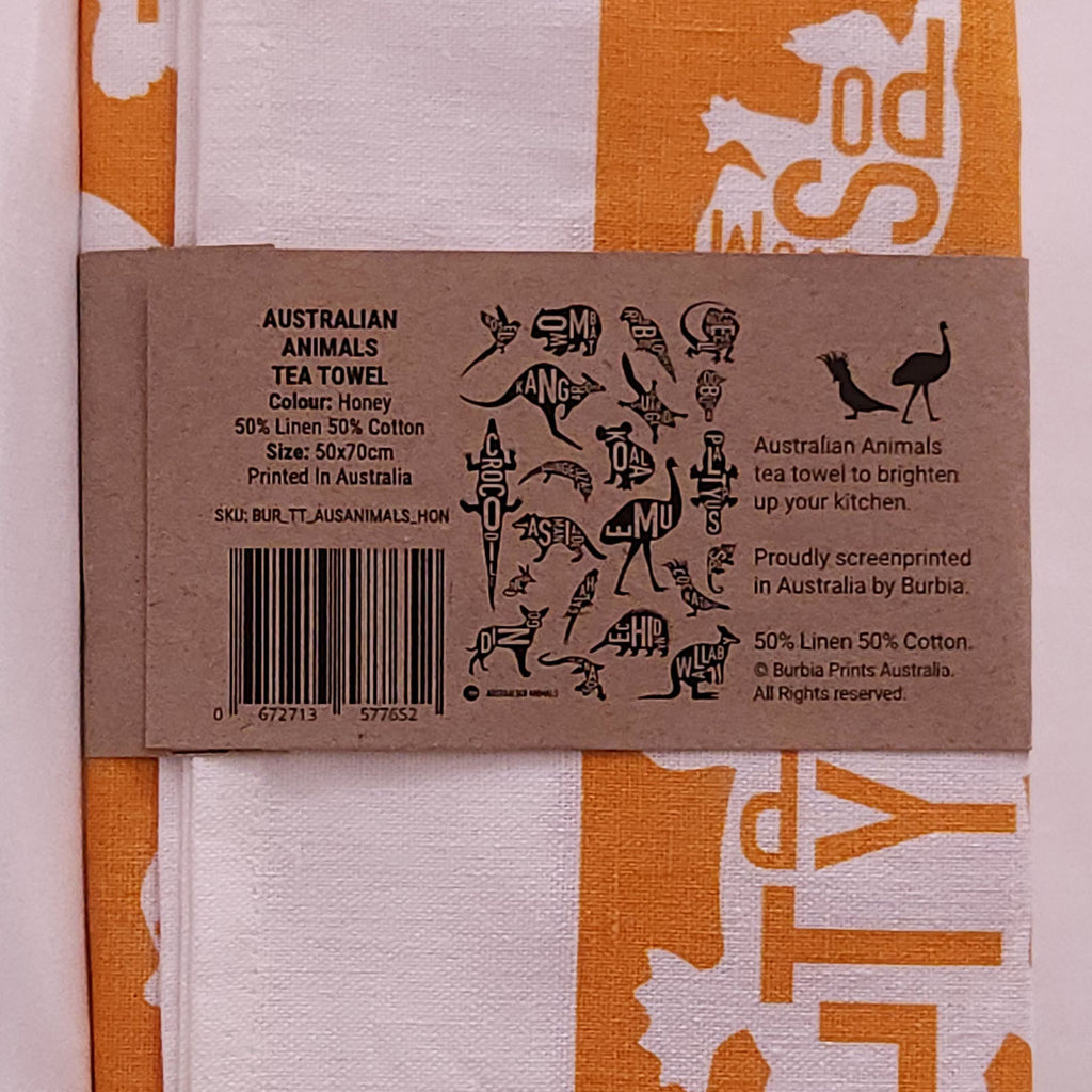 Australian Animals (gold) tea towel