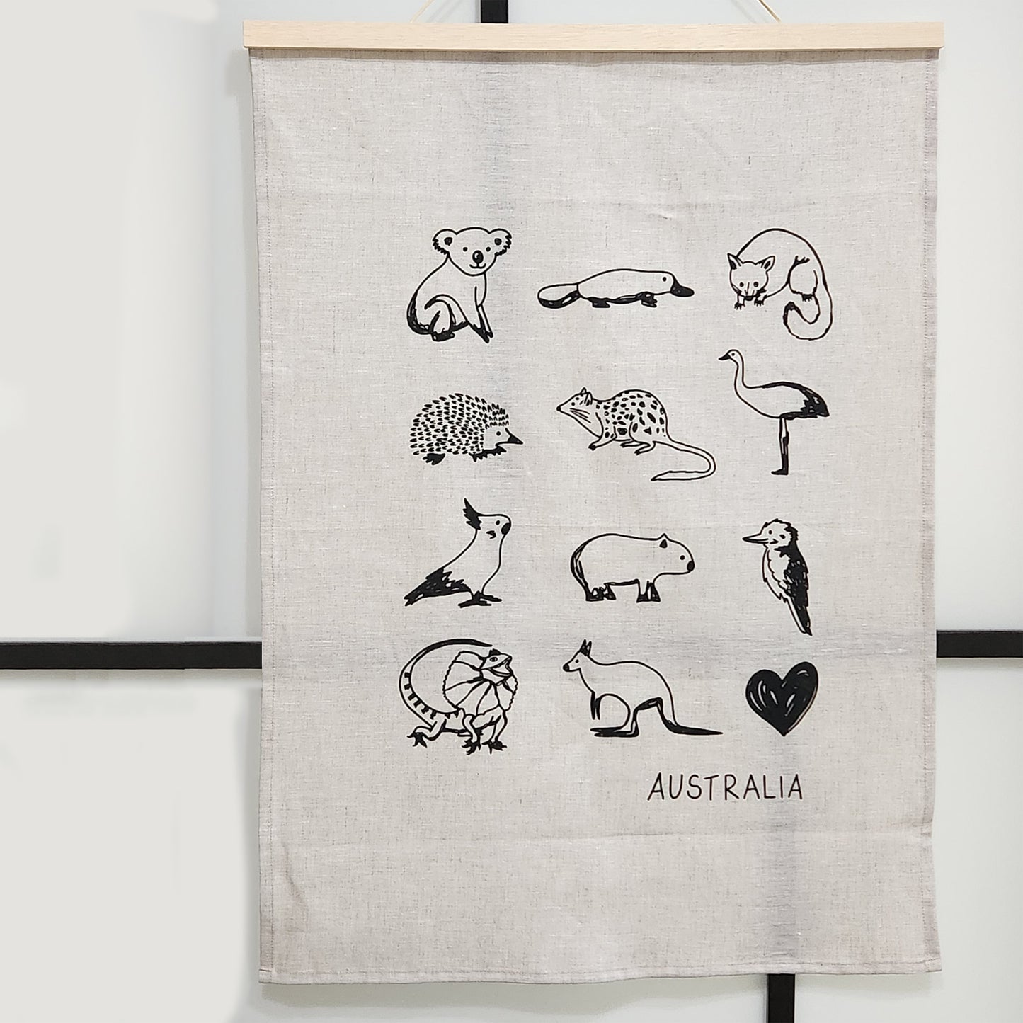 Favourite Australian animals linen tea towel