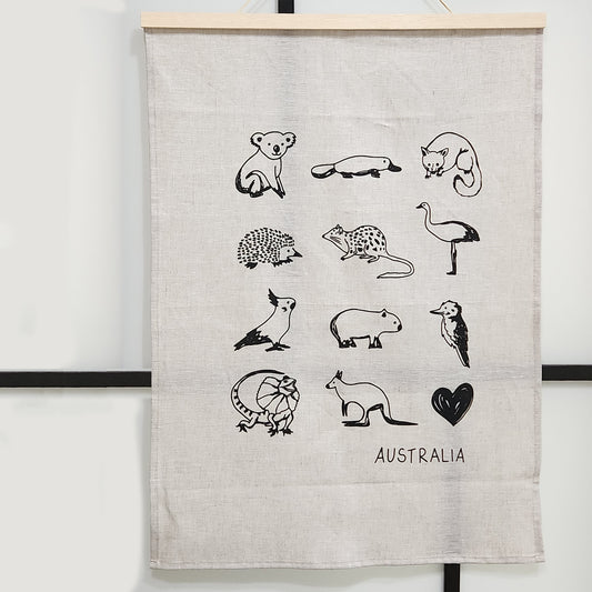 Favourite Australian animals linen tea towel