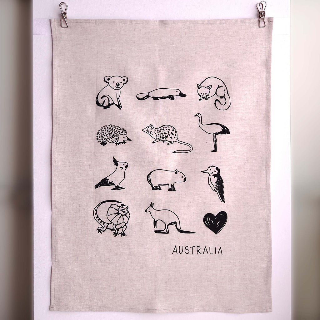 Favourite Australian animals linen tea towel