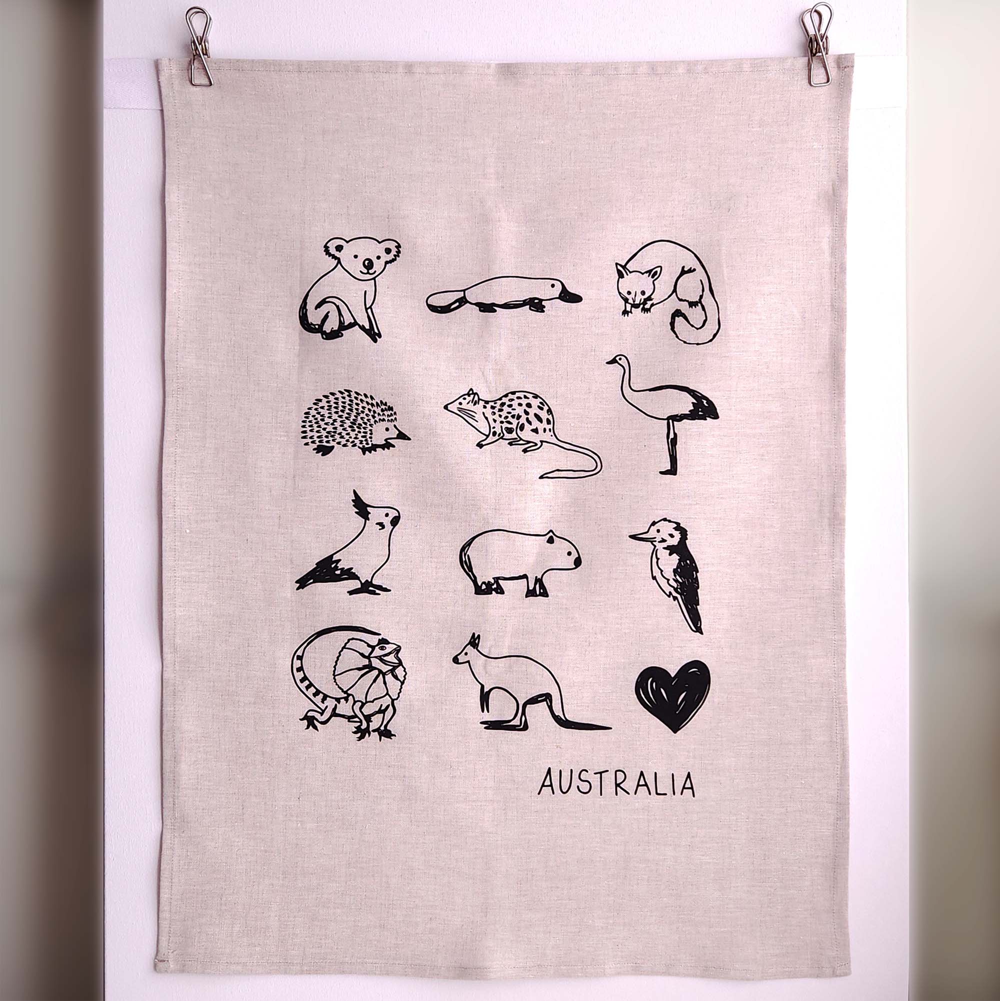 Favourite Australian animals linen tea towel