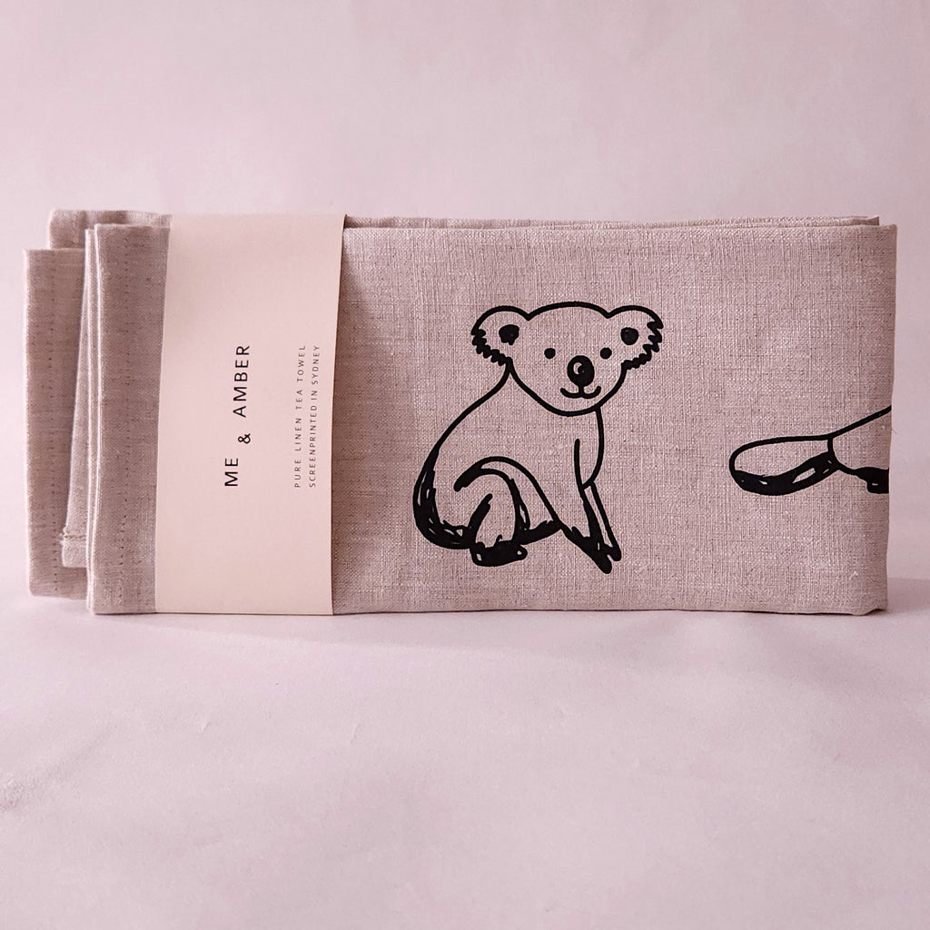 Favourite Australian animals linen tea towel