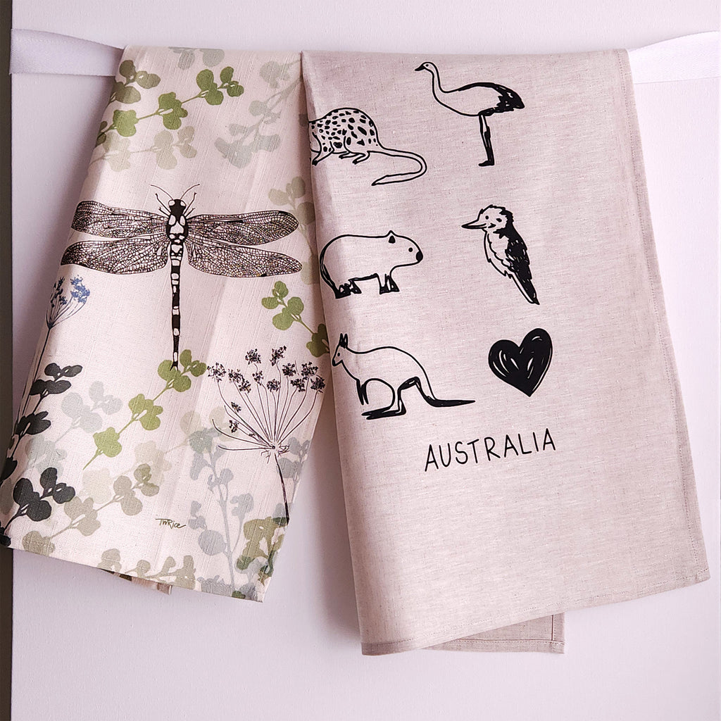 Favourite Australian animals linen tea towel