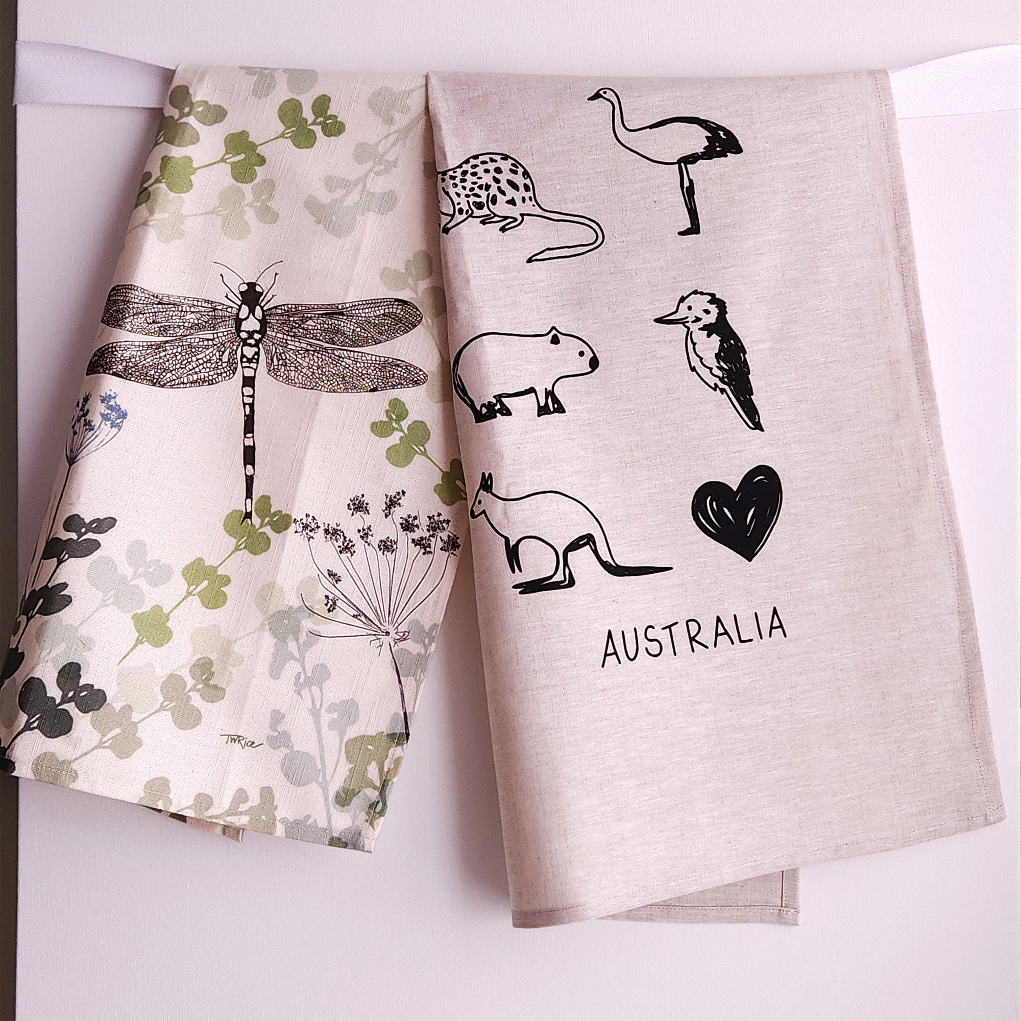 Favourite Australian animals linen tea towel