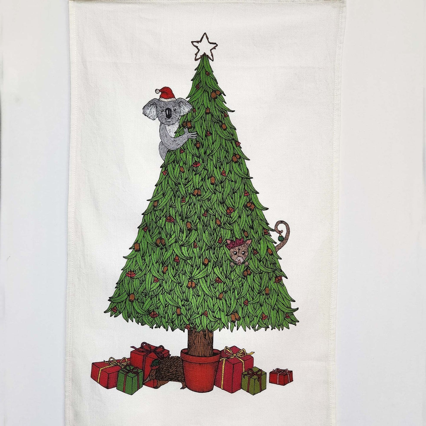 Koala in a Christmas Tree tea towel