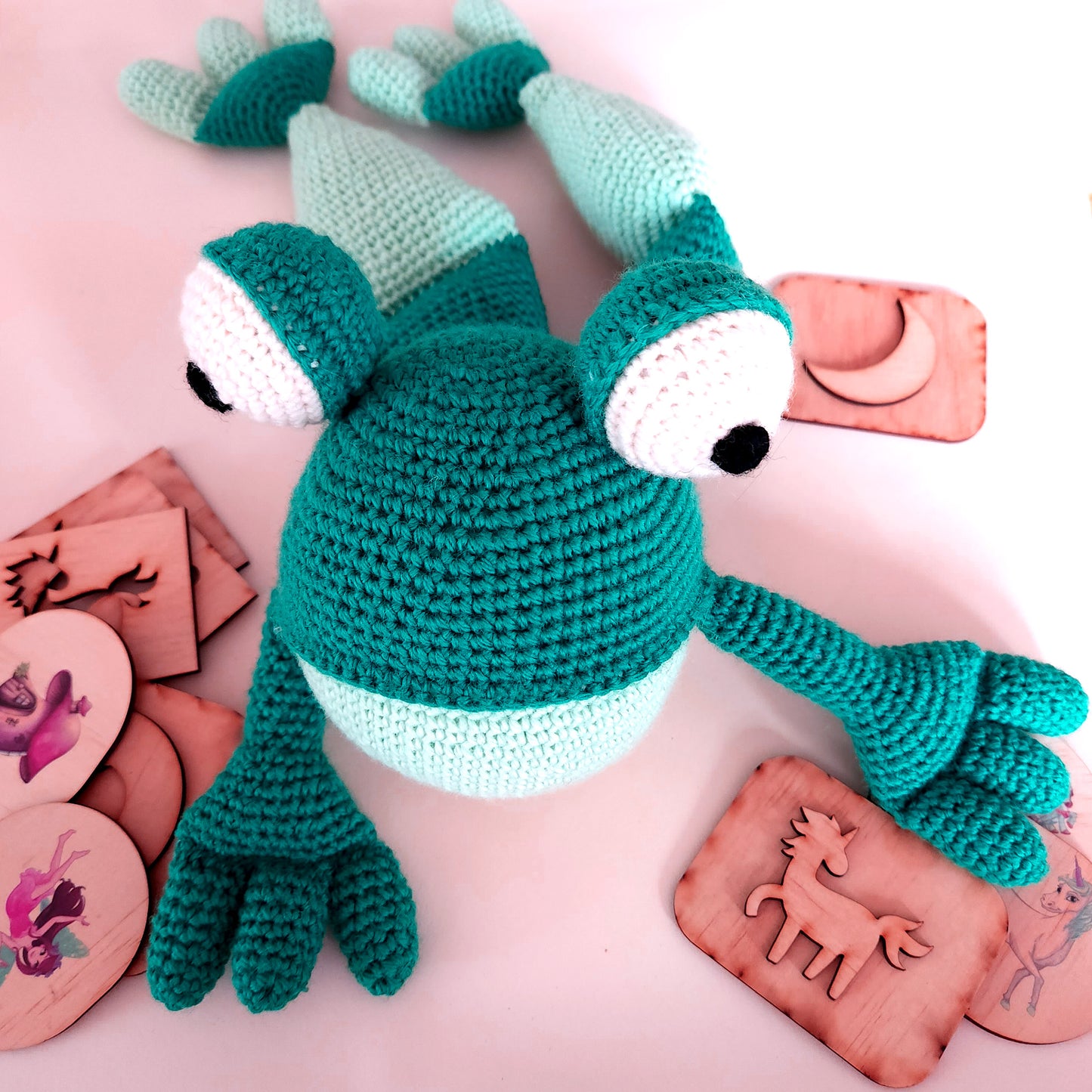 Crocheted Frog in aqua and soft green