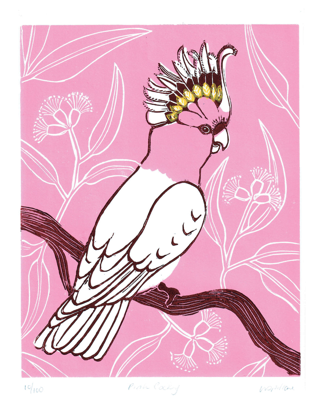 Pink Cocky original linocut printed by hand [A4+]