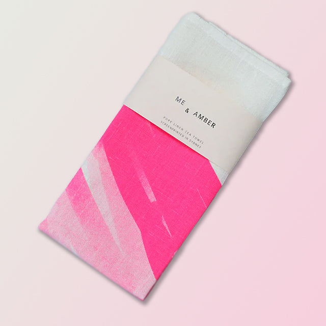 Hand-drawn Heart linen tea towel | pink on white linen