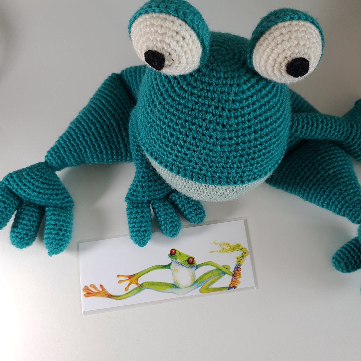Crocheted Frog in aqua and soft green
