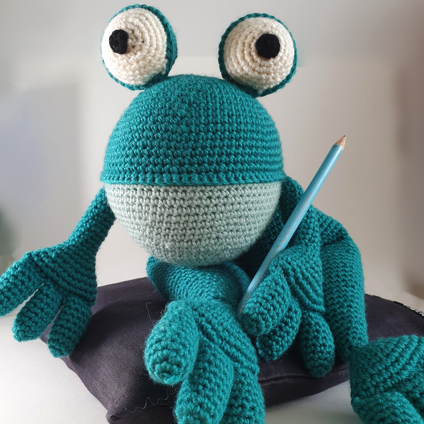 Crocheted Frog in aqua and soft green